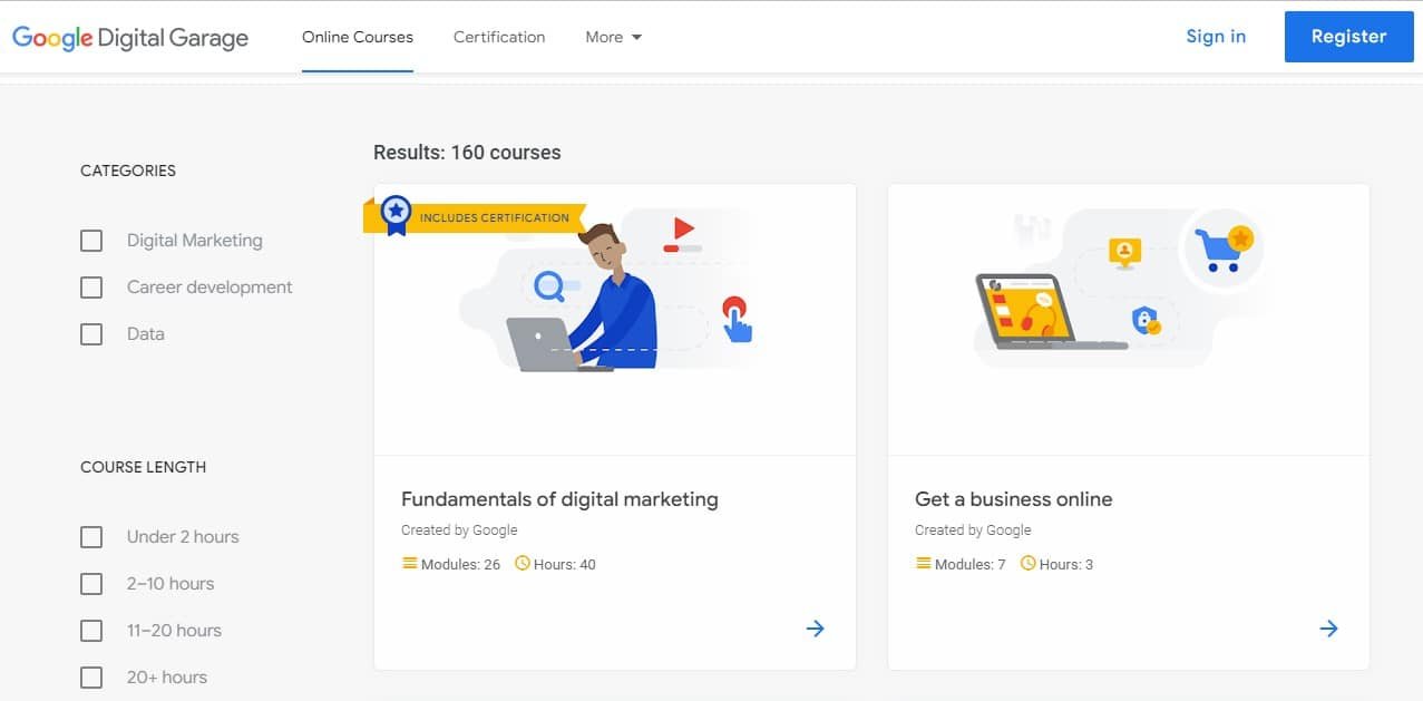 Google Free Online Courses - Google Digital Garage website